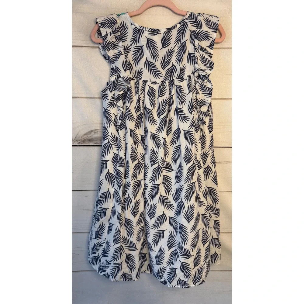 THML Women Navy Palm Print Mini Dress Embroidered Yoke Ruffle Sleeve Small